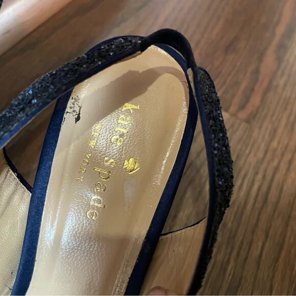 Kate Spade"Charm" Blue Glitter Slingback Bow Peep Toe Pumps Heels Size 6.5 - Picture 7 of 9